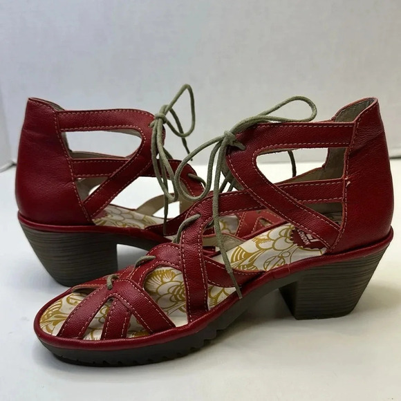 Fly London Lace Up Leather High Heel Open Toe Shoes Sandals Red Size 37 6.5 - 7 - Picture 6 of 13